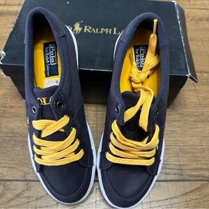 Polo by Ralph Lauren Navy Canvas Sneakers with Yellow Accents Youth 6 NIB